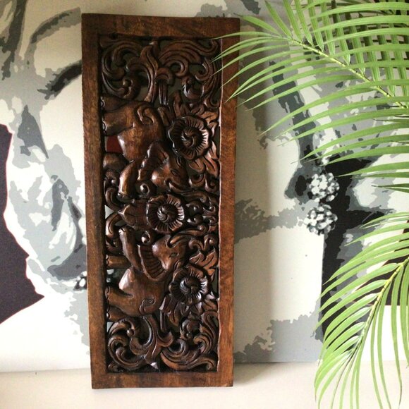 Vintage Ornate Hand Carved Wooden Elephant Floral Wall Panel Made in Thailand - Picture 3 of 16